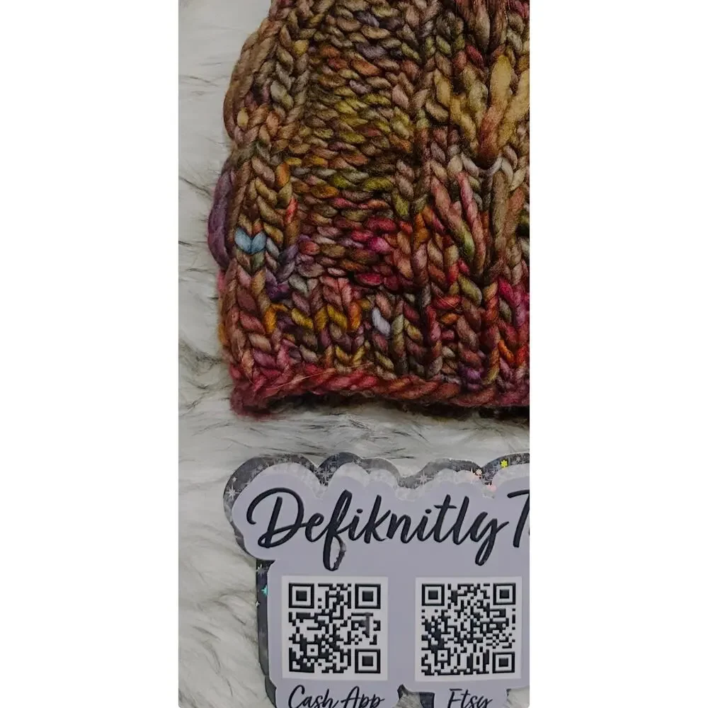 Hand Knit Merino Wool Scrappy Lake Erie Beanie: Faux Fur Pom - Adult Size